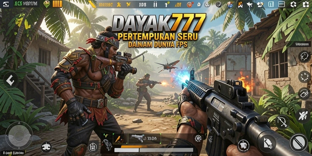 Screenshot menampilkan aksi intens dalam permainan FPS DAYAK777.