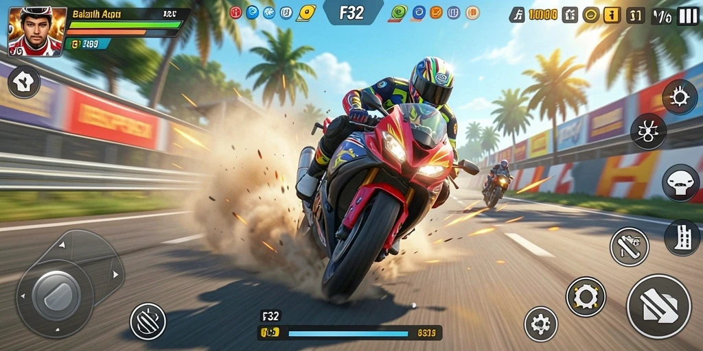 Gameplay F32 menampilkan balapan motor yang mendebarkan dan realistis.
