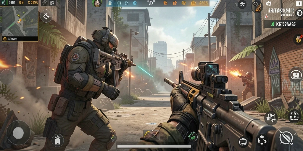 Screenshot gameplay KRISNA96 menunjukkan aksi tembak-menembak yang intens.