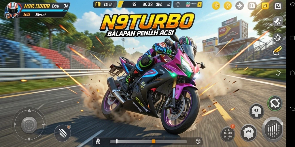 Screenshot N9TURBO menampilkan aksi balap motor yang mendebarkan di jalur urban.