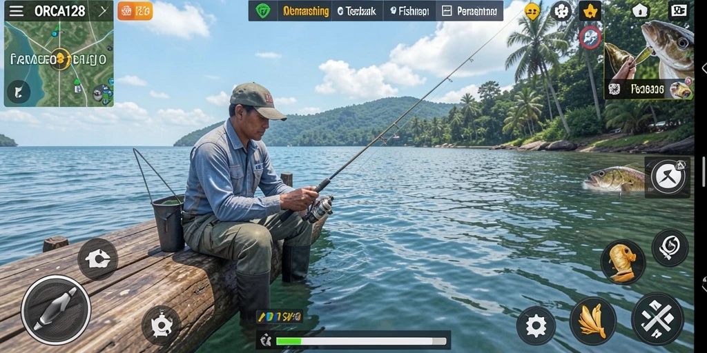 Tampilan gameplay ORCA128 saat menangkap ikan di danau yang indah.