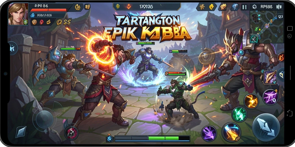 Screenshot menunjukkan aksi intens di arena pertarungan MOBA.